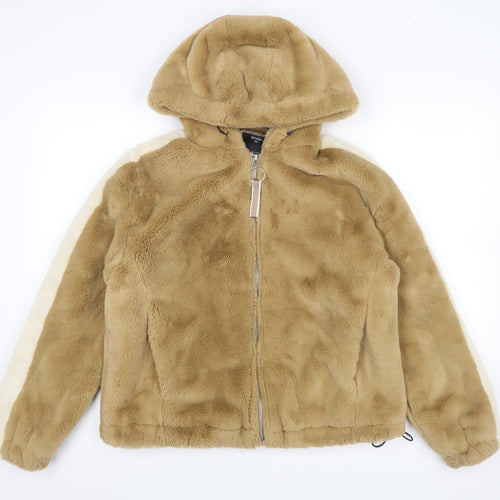 Bershka Women Beige Faux Fur Hooded Zip Puffer Jacket Size S