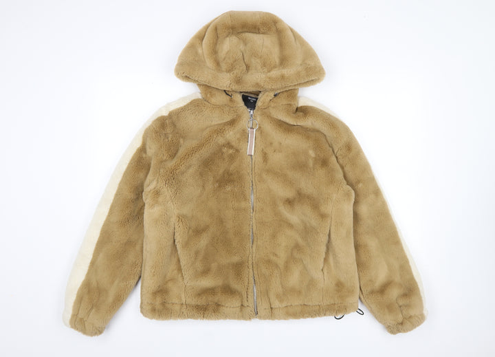Bershka Women Beige Faux Fur Hooded Zip Puffer Jacket Size S