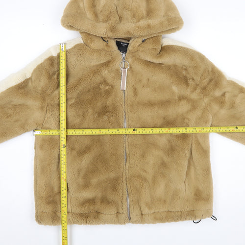 Bershka Women Beige Faux Fur Hooded Zip Puffer Jacket Size S