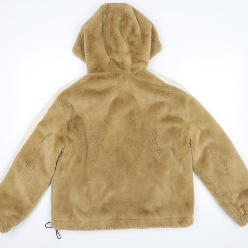 Bershka Women Beige Faux Fur Hooded Zip Puffer Jacket Size S