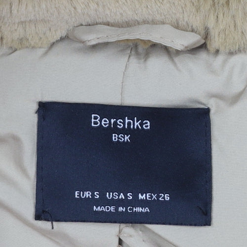 Bershka Women Beige Faux Fur Hooded Zip Puffer Jacket Size S