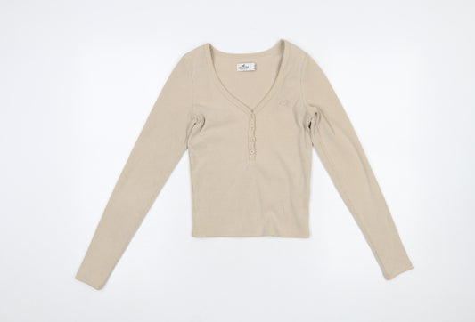 Hollister Women Beige XS Cropped V-Neck Button-Up Long Sleeve Top