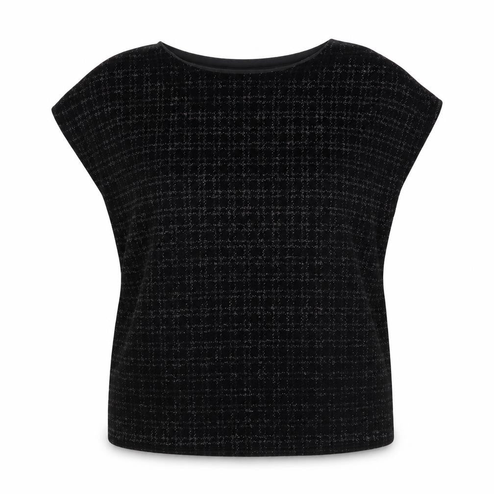 Front view of Next women’s black velvet check sleeveless tunic blouse, size UK 18