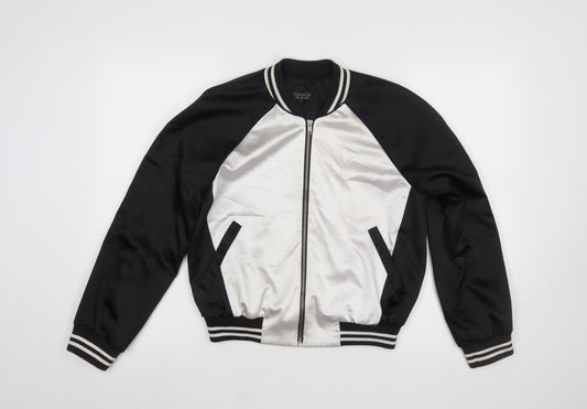 Topshop Women Black Varsity Bomber Jacket Size 10 Satin Zip Up