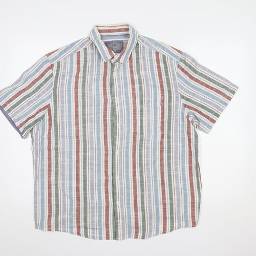 Marks and Spencer Men's Multicoloured Striped Cotton Short Sleeve Shirt Size L