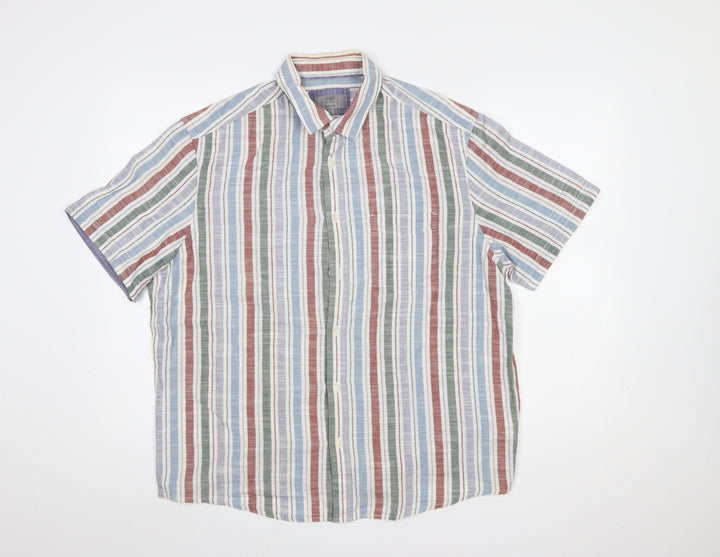 Marks and Spencer Men's Multicoloured Striped Cotton Short Sleeve Shirt Size L