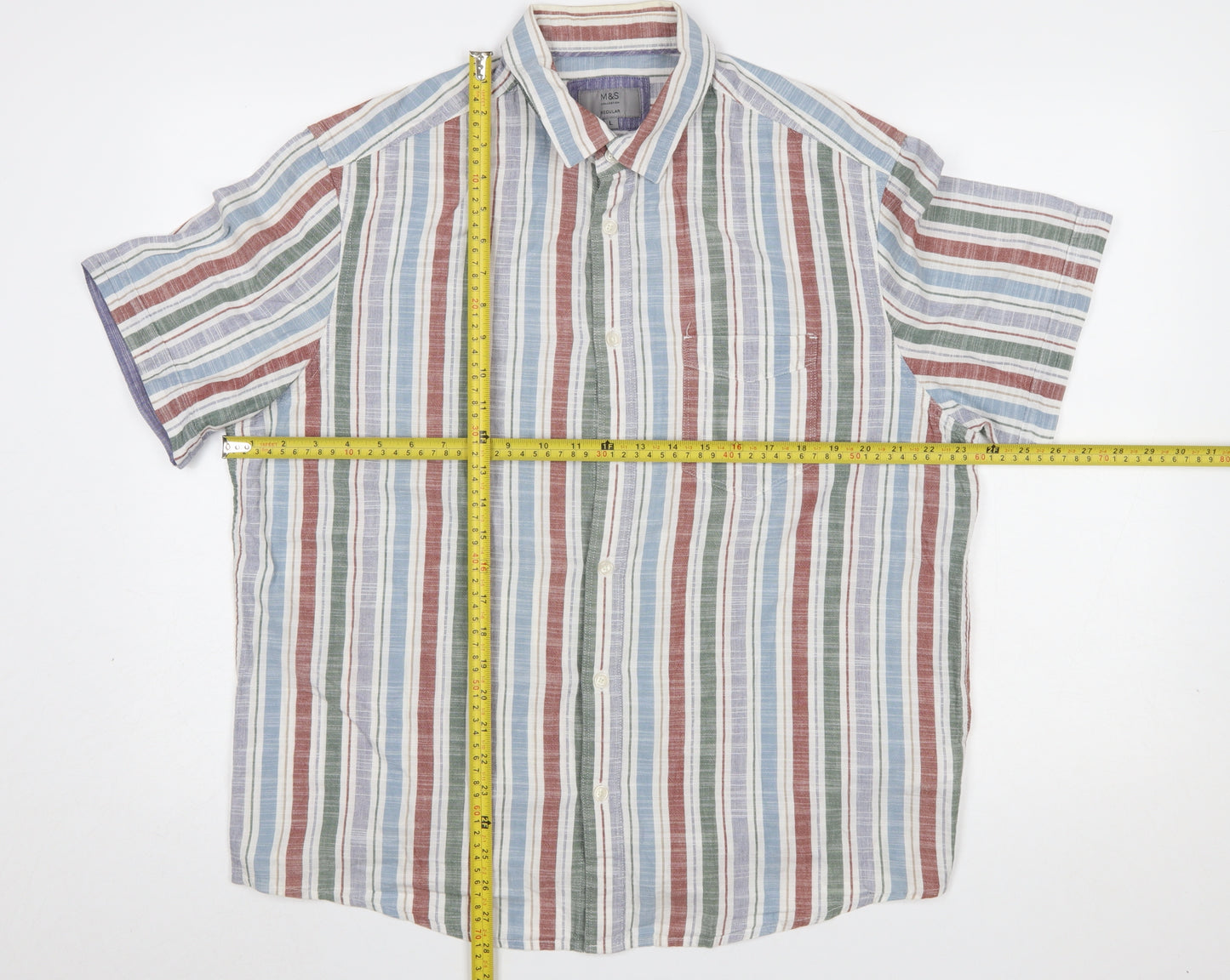 Marks and Spencer Men's Multicoloured Striped Cotton Short Sleeve Shirt Size L