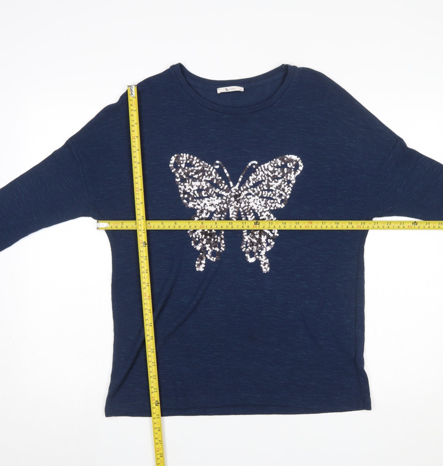 Tu Women’s Blue Sequin Butterfly Pullover Jumper Size 12