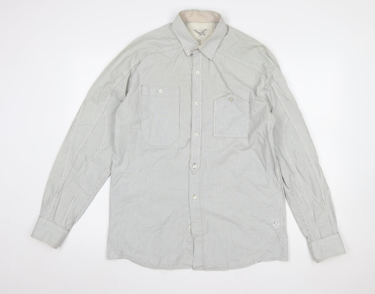 FCUK Mens Grey Striped Cotton Long Sleeve Button-Up Shirt M
