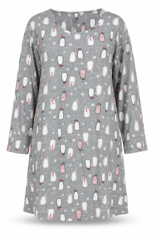 Phaeong Womens Grey Penguin Print Long Sleeve Nightshirt XL