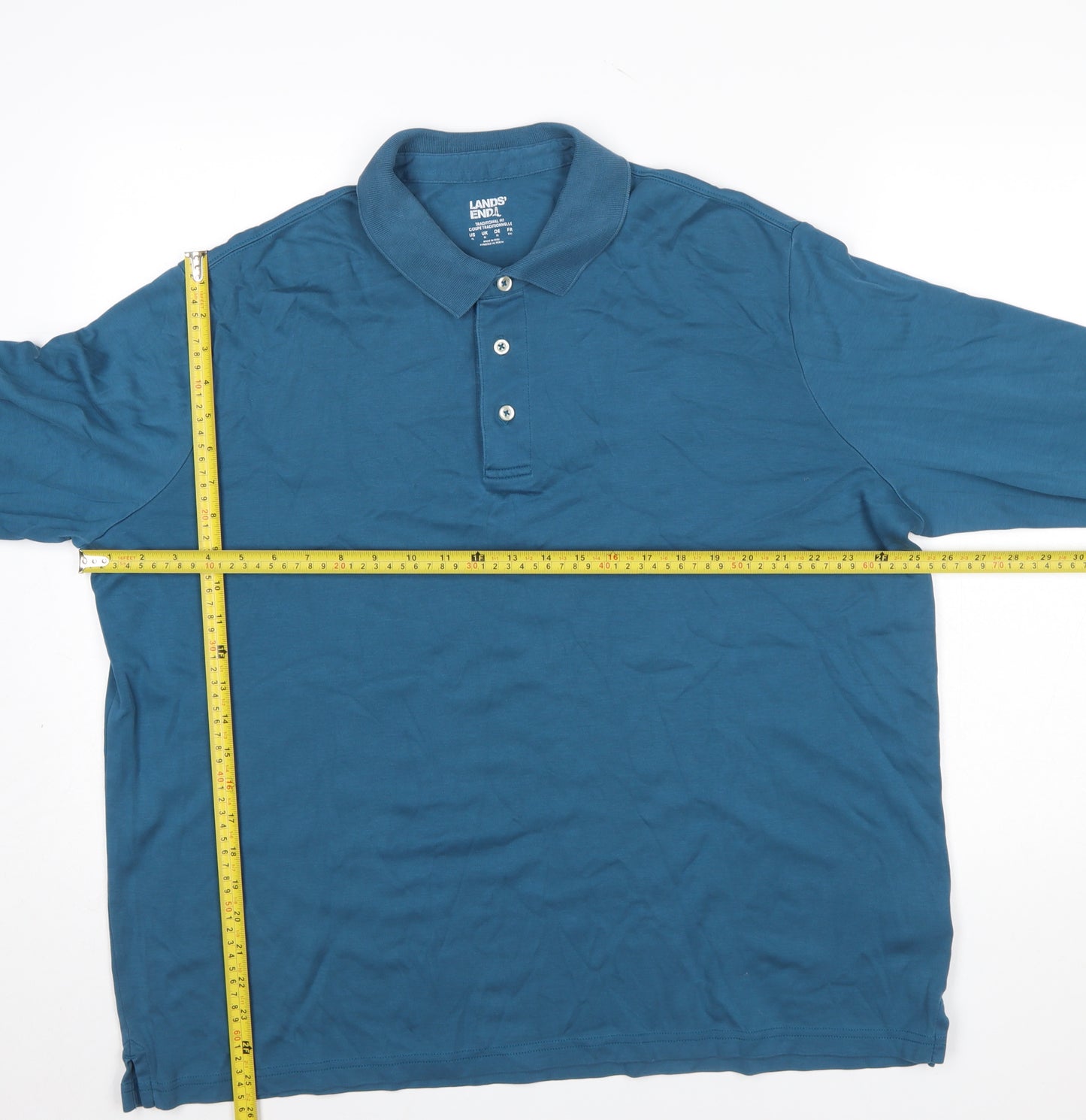 Lands' End Men's Blue Long Sleeve Cotton Polo Shirt XL Classic Fit
