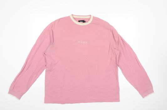 Stüssy Men’s Pink Long Sleeve Crew Neck Cotton T-Shirt Size L