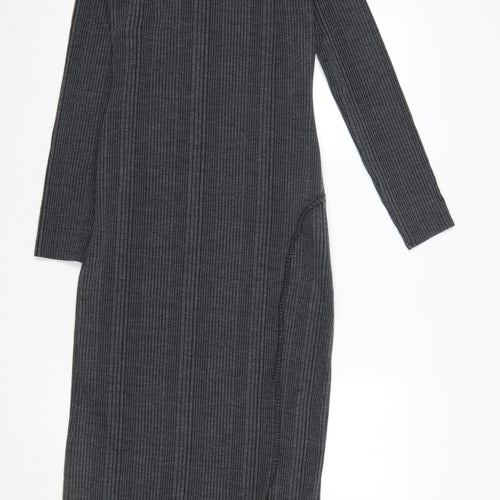 New Look Women Grey Ribbed High Neck Long Sleeve Bodycon Midi Dress UK 10