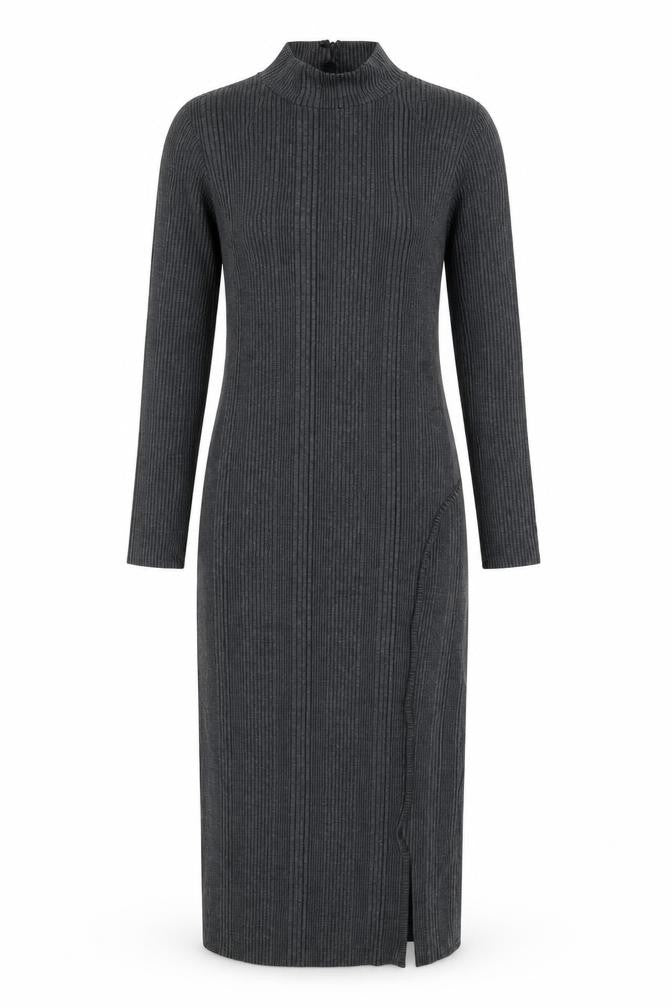 New Look Women Grey Ribbed High Neck Long Sleeve Bodycon Midi Dress UK 10