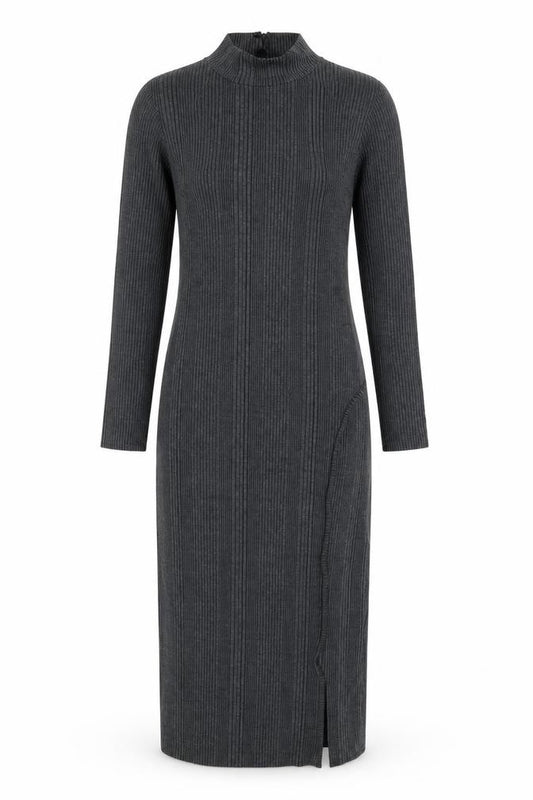 Front view of New Look Women Grey Ribbed High Neck Long Sleeve Bodycon Midi Dress UK 10