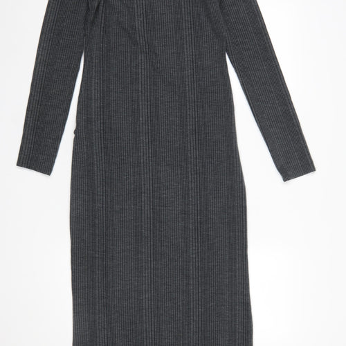 New Look Women Grey Ribbed High Neck Long Sleeve Bodycon Midi Dress UK 10