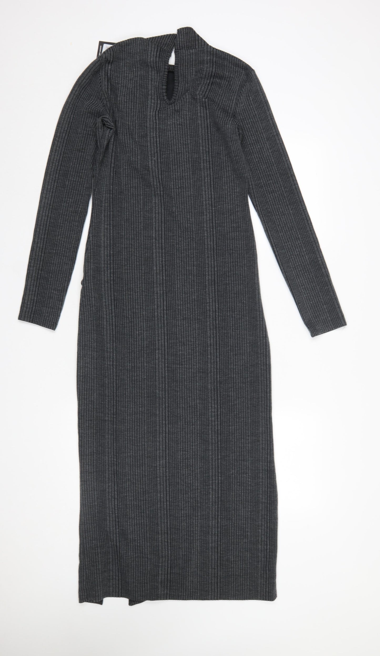 New Look Women Grey Ribbed High Neck Long Sleeve Bodycon Midi Dress UK 10