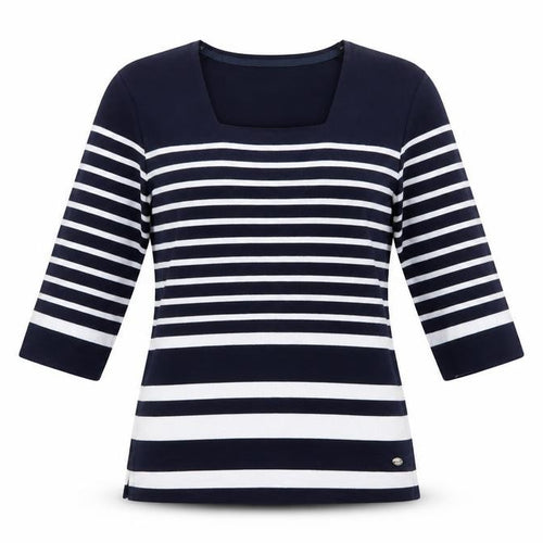 TIGI Womens Blue Striped 3/4 Sleeve Square Neck Top Size 10