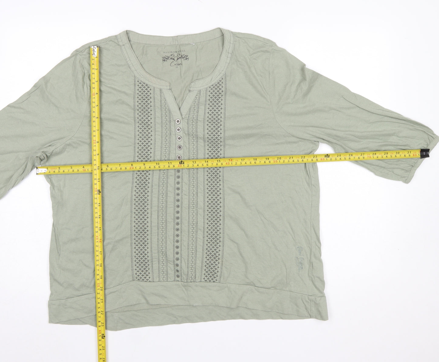 David Emanuel Women’s Green Cotton 3/4 Sleeve Tunic Blouse Size 20