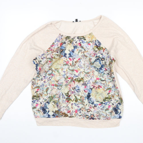Warehouse Women’s Beige Floral Print Long Sleeve Jersey Top Size 14