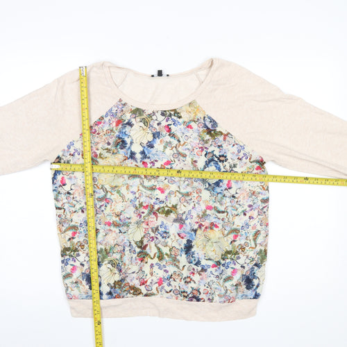 Warehouse Women’s Beige Floral Print Long Sleeve Jersey Top Size 14