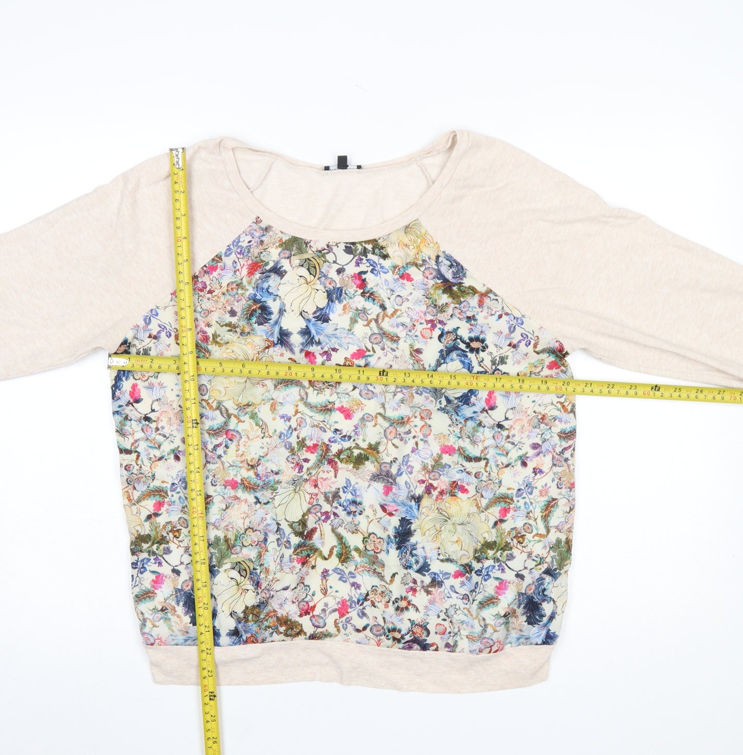 Warehouse Women’s Beige Floral Print Long Sleeve Jersey Top Size 14