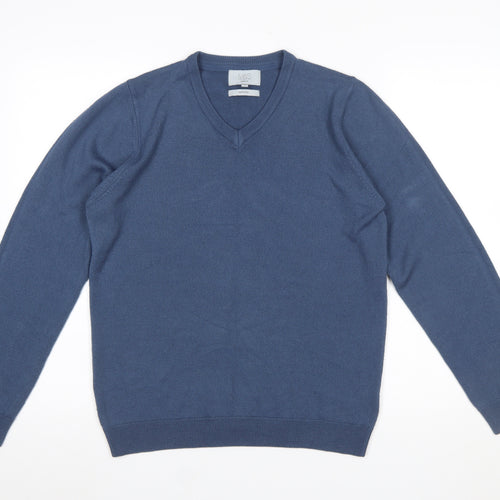Marks and Spencer Men's Blue V-Neck Regular Fit Acrylic Jumper Medium