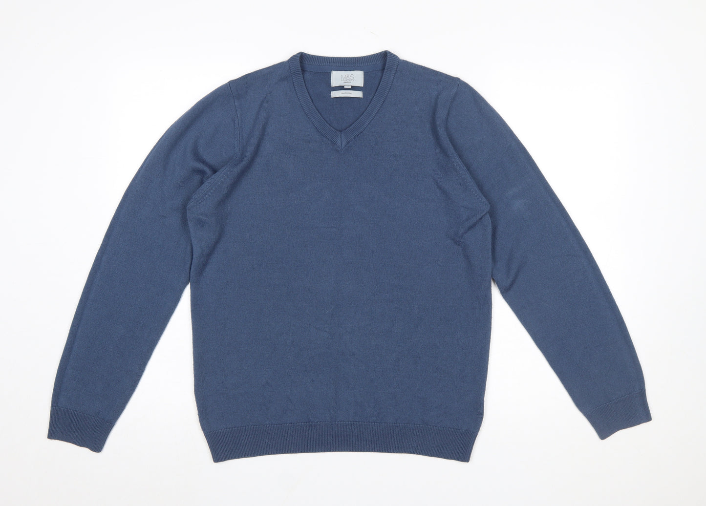 Marks and Spencer Men's Blue V-Neck Regular Fit Acrylic Jumper Medium