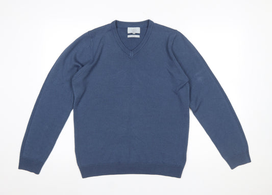 Marks and Spencer Men's Blue V-Neck Regular Fit Acrylic Jumper Medium