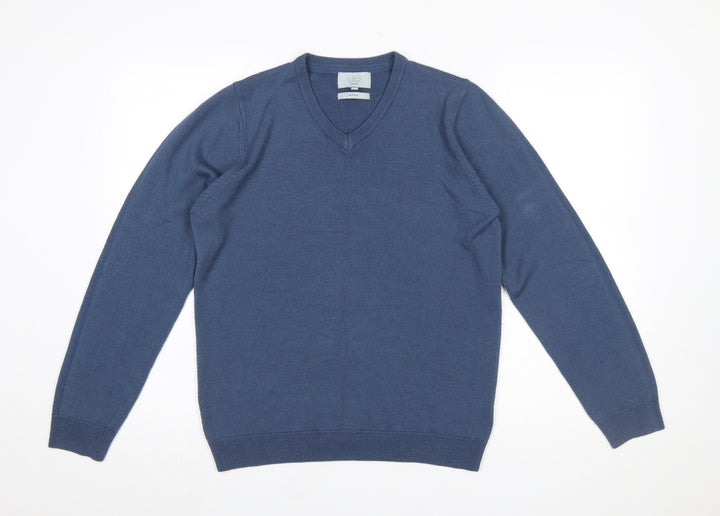 Marks and Spencer Men's Blue V-Neck Regular Fit Acrylic Jumper Medium