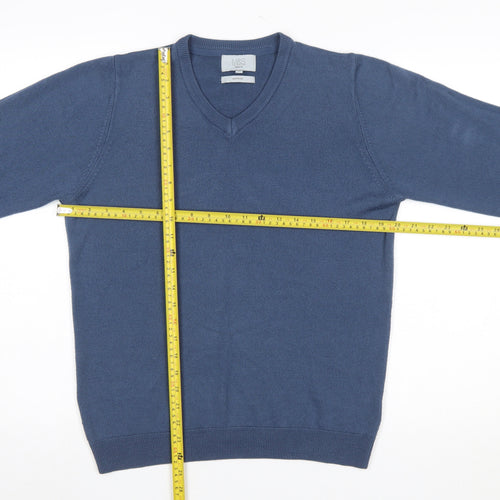 Marks and Spencer Men's Blue V-Neck Regular Fit Acrylic Jumper Medium