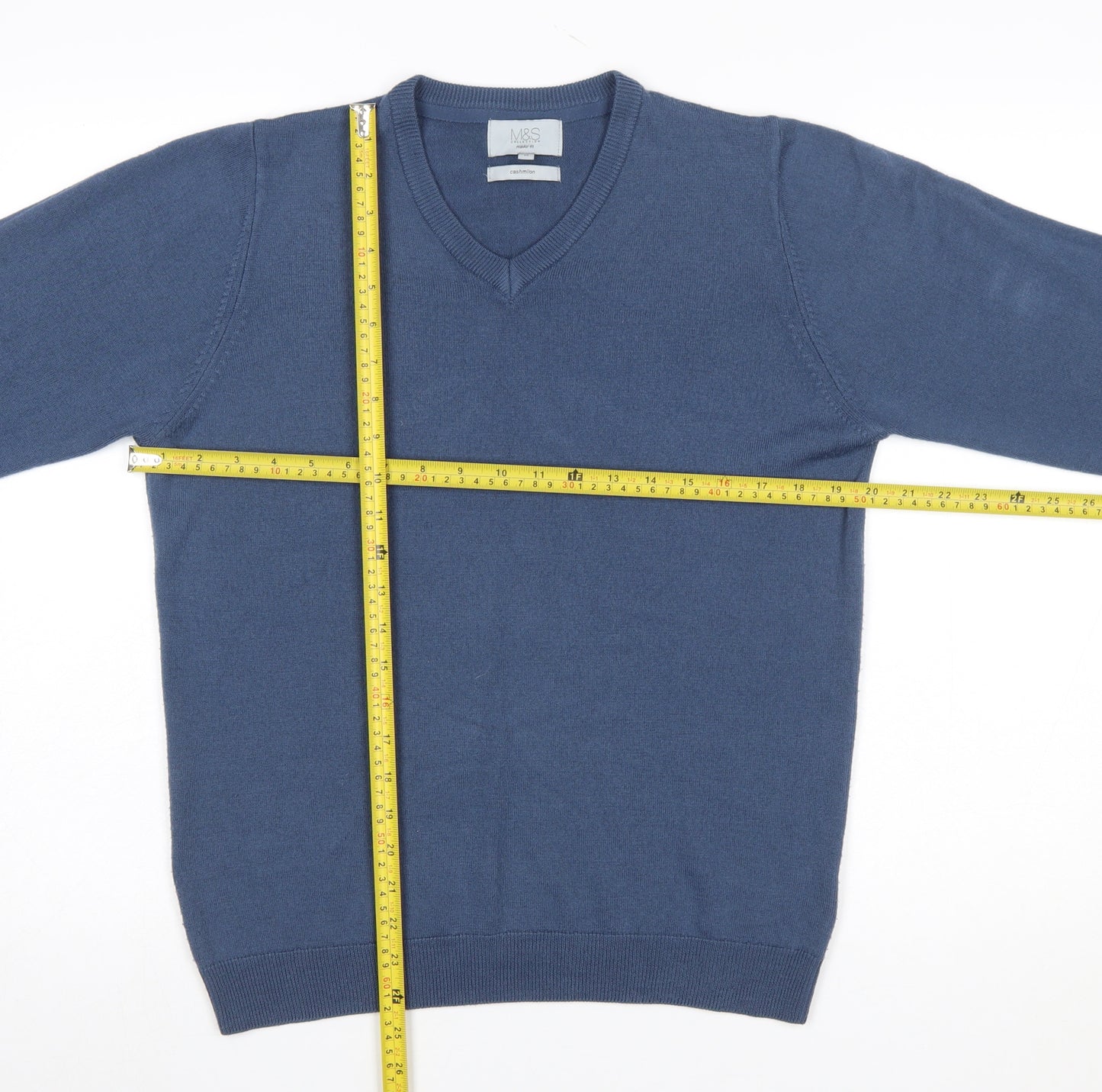 Marks and Spencer Men's Blue V-Neck Regular Fit Acrylic Jumper Medium