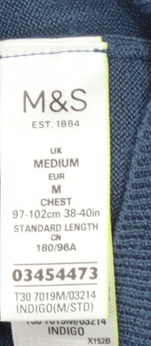 Marks and Spencer Men's Blue V-Neck Regular Fit Acrylic Jumper Medium