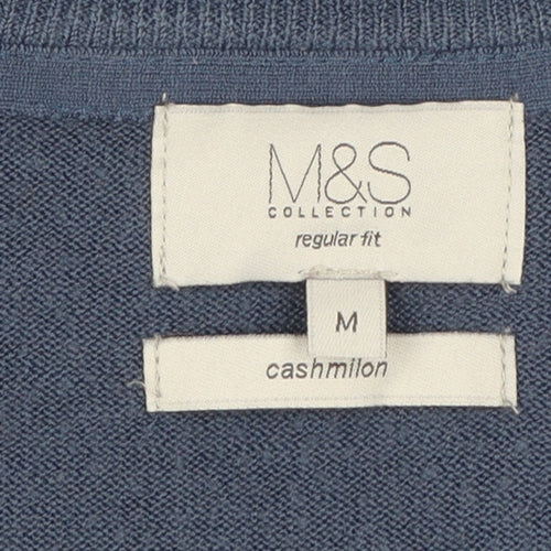 Marks and Spencer Men's Blue V-Neck Regular Fit Acrylic Jumper Medium