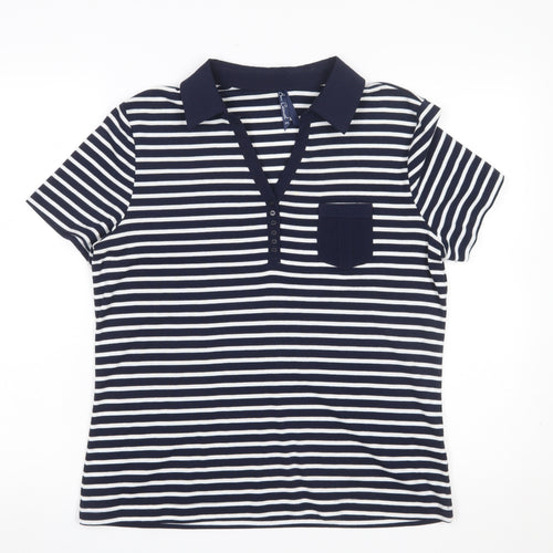 Bm Casual Women’s Blue Striped Polo Shirt Short Sleeve M