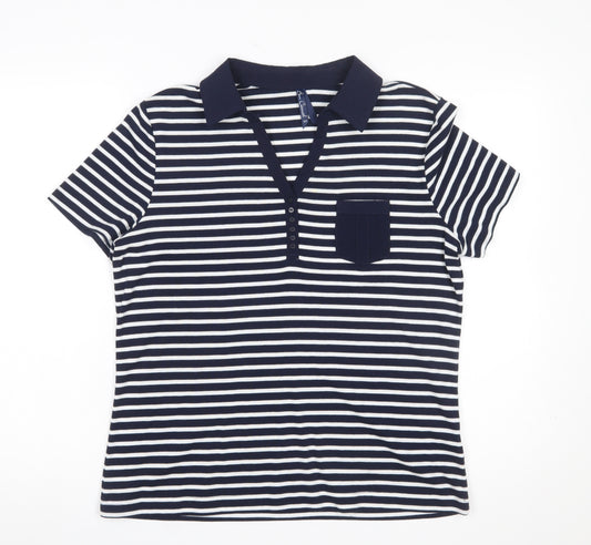 Bm Casual Women’s Blue Striped Polo Shirt Short Sleeve M