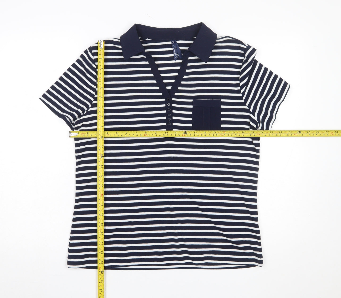 Bm Casual Women’s Blue Striped Polo Shirt Short Sleeve M