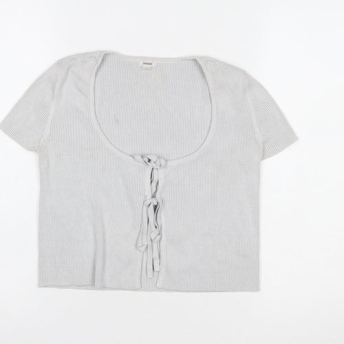 Garage Women’s Grey Cropped Tie Front Ribbed Knit Short Sleeve Top Size S