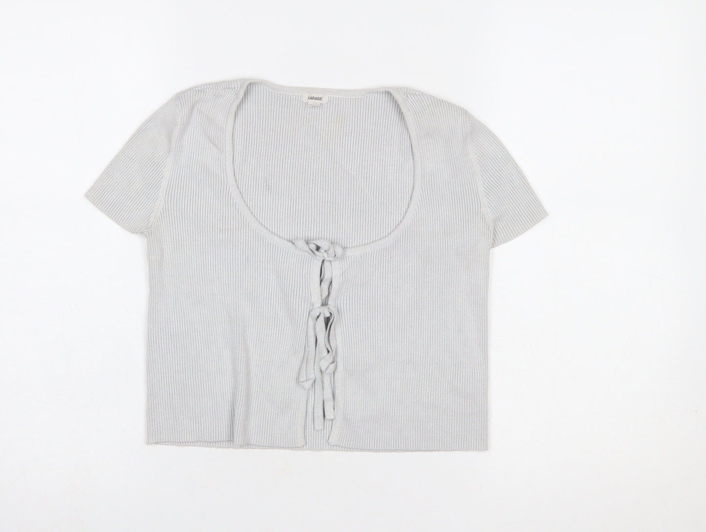 Garage Women’s Grey Cropped Tie Front Ribbed Knit Short Sleeve Top Size S