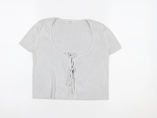 Garage Women’s Grey Cropped Tie Front Ribbed Knit Short Sleeve Top Size S