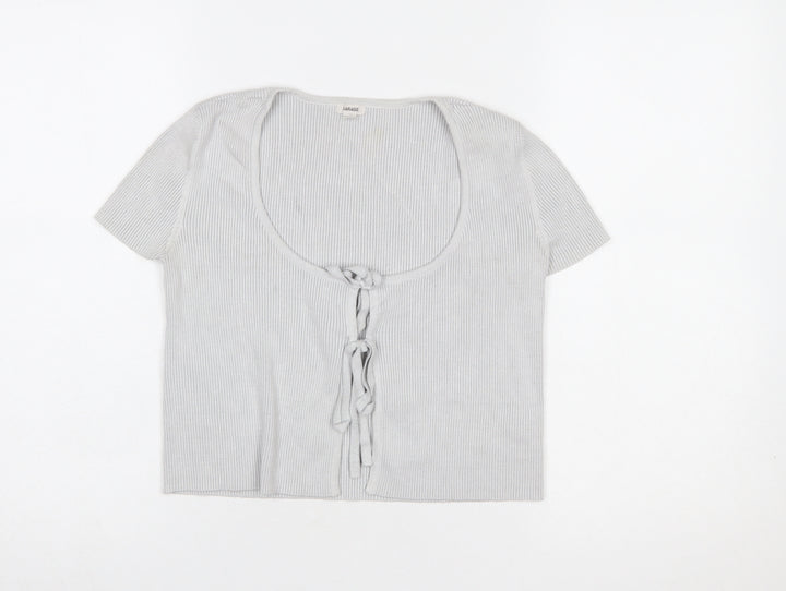Garage Women’s Grey Cropped Tie Front Ribbed Knit Short Sleeve Top Size S