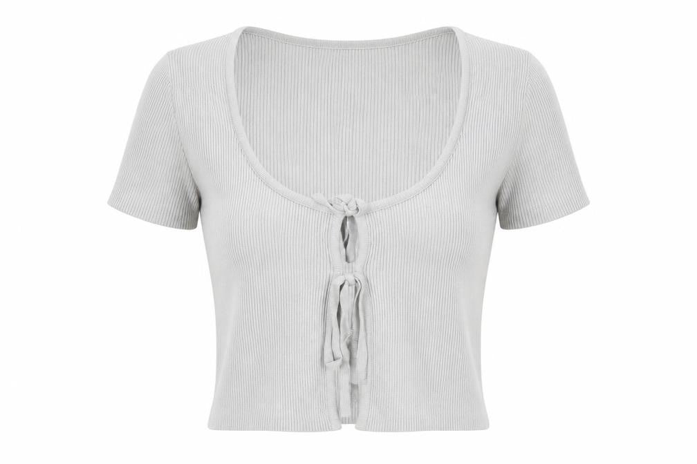 Garage Women’s Grey Cropped Tie Front Ribbed Knit Short Sleeve Top Size S