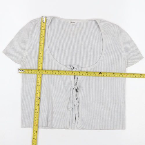 Garage Women’s Grey Cropped Tie Front Ribbed Knit Short Sleeve Top Size S