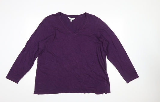 Marks and Spencer Womens Purple V-Neck Long Sleeve Cotton T-Shirt Size 20
