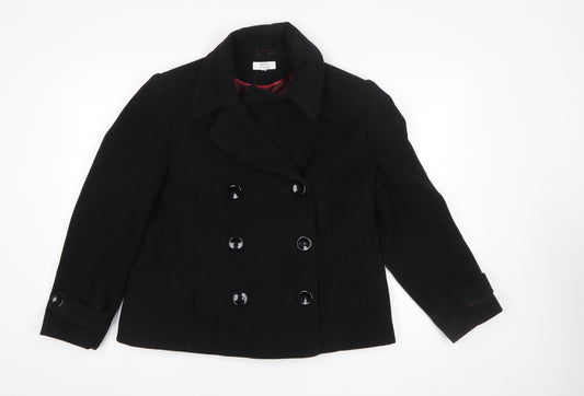 Debenhams Women’s Black Wool Blend Pea Coat Size 16 Double-Breasted Smart Jacket