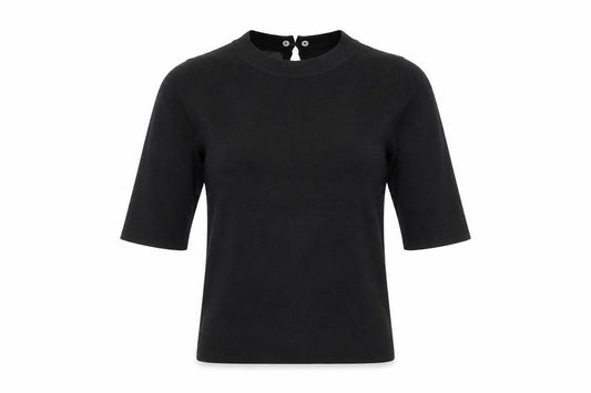 Front view of Oasis Women Black Knit Crew Neck 3/4 Sleeve Blouse, size 8
