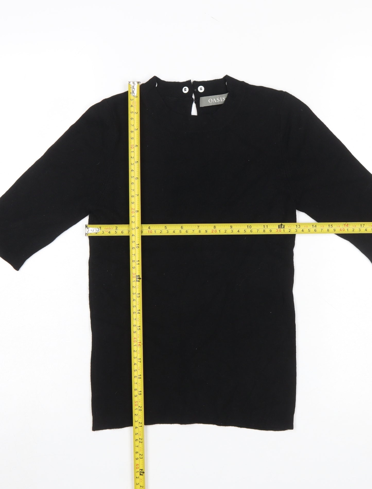 Oasis Women Black Knit Crew Neck 3/4 Sleeve Blouse Size 8