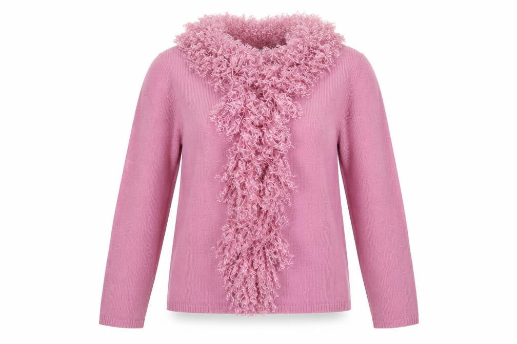 Front view of South Lodge Women's Pink Feather Trim jumper S/M Acrylic Knit
