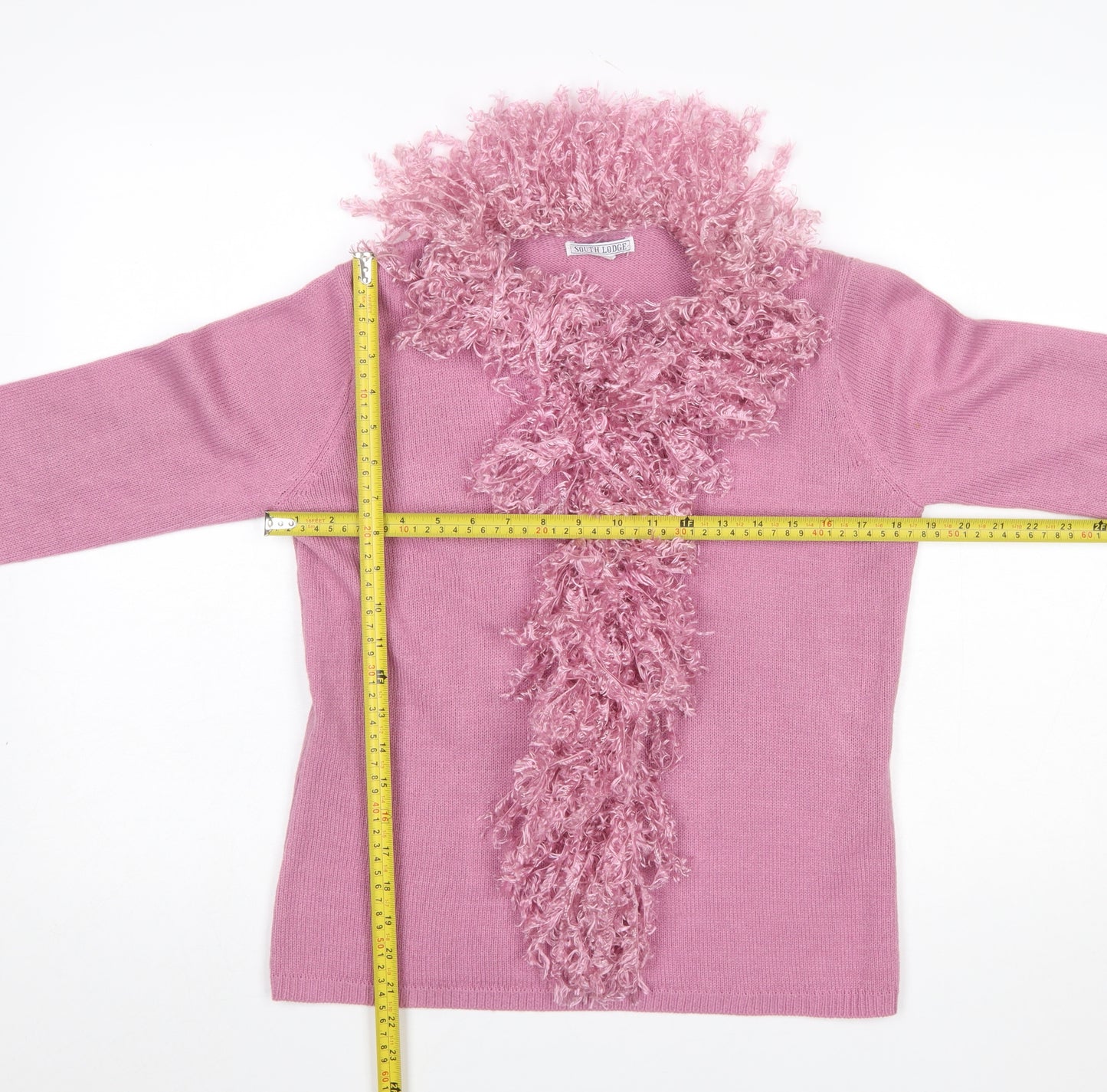 South Lodge Women's Pink Feather Trim Pullover Jumper S/M Acrylic Knit