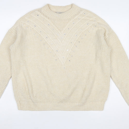 Next Women Ivory Rhinestone Knit Chunky Pullover Jumper Size M